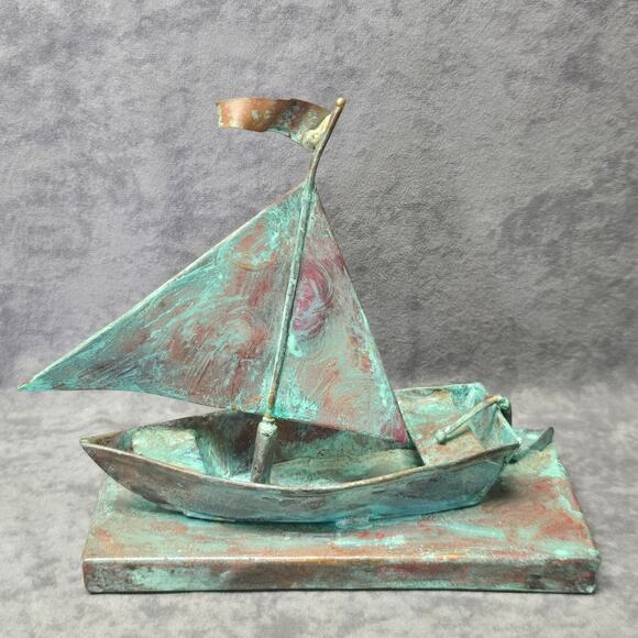 Vintage Copper Brass Tone Metal Sailboat w. Movable Sail Nautical Ship Boat Sea - Picture 6 of 11